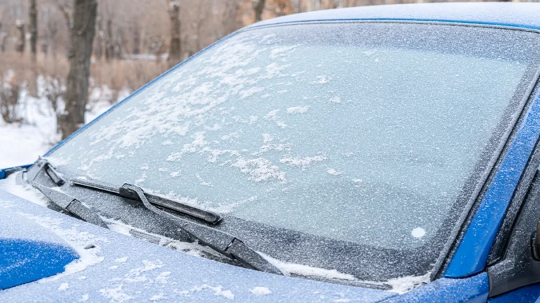 A frosty layer of ice and snow covers the windshield of a blue car