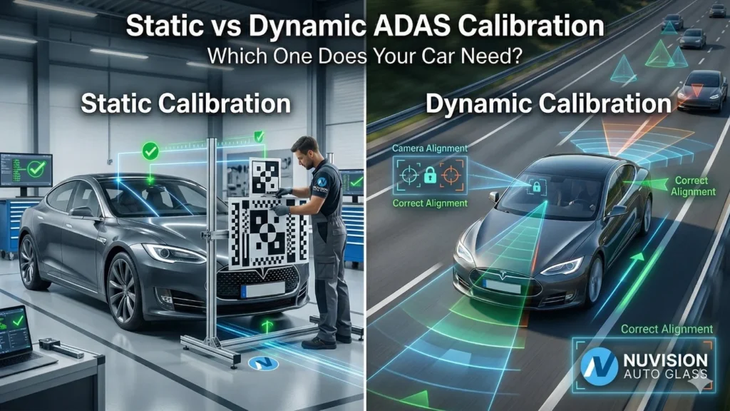 Static vs dynamic ADAS calibration showing workshop target setup and on-road calibration process