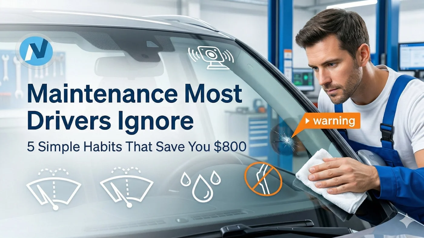 Preventive windshield maintenance showing cleaning, inspection and chip repair to avoid damage