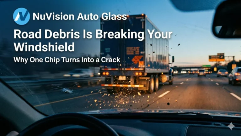 Road debris hitting car windshield causing chip and crack damage on highway