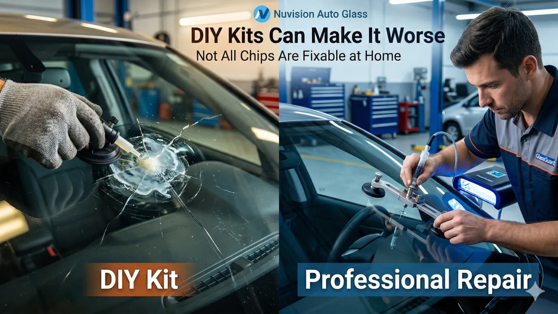 DIY windshield repair kit vs professional windshield repair showing failed resin and clean fix