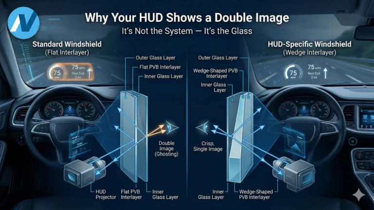 HUD windshield compatibility issue showing ghosting effect inside car