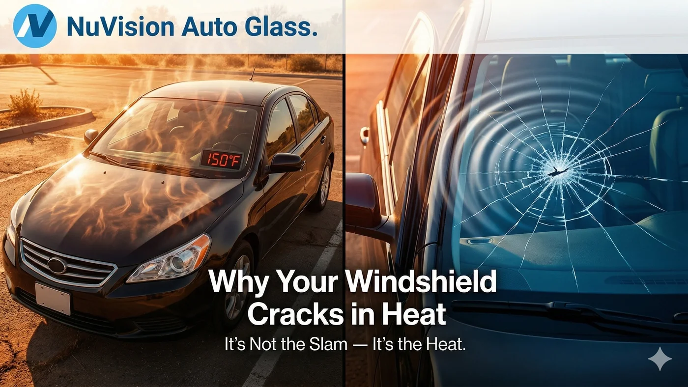 Windshield crack caused by extreme heat and door slam from existing chip