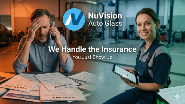 Auto glass technician handling insurance claim while customer avoids paperwork and phone calls