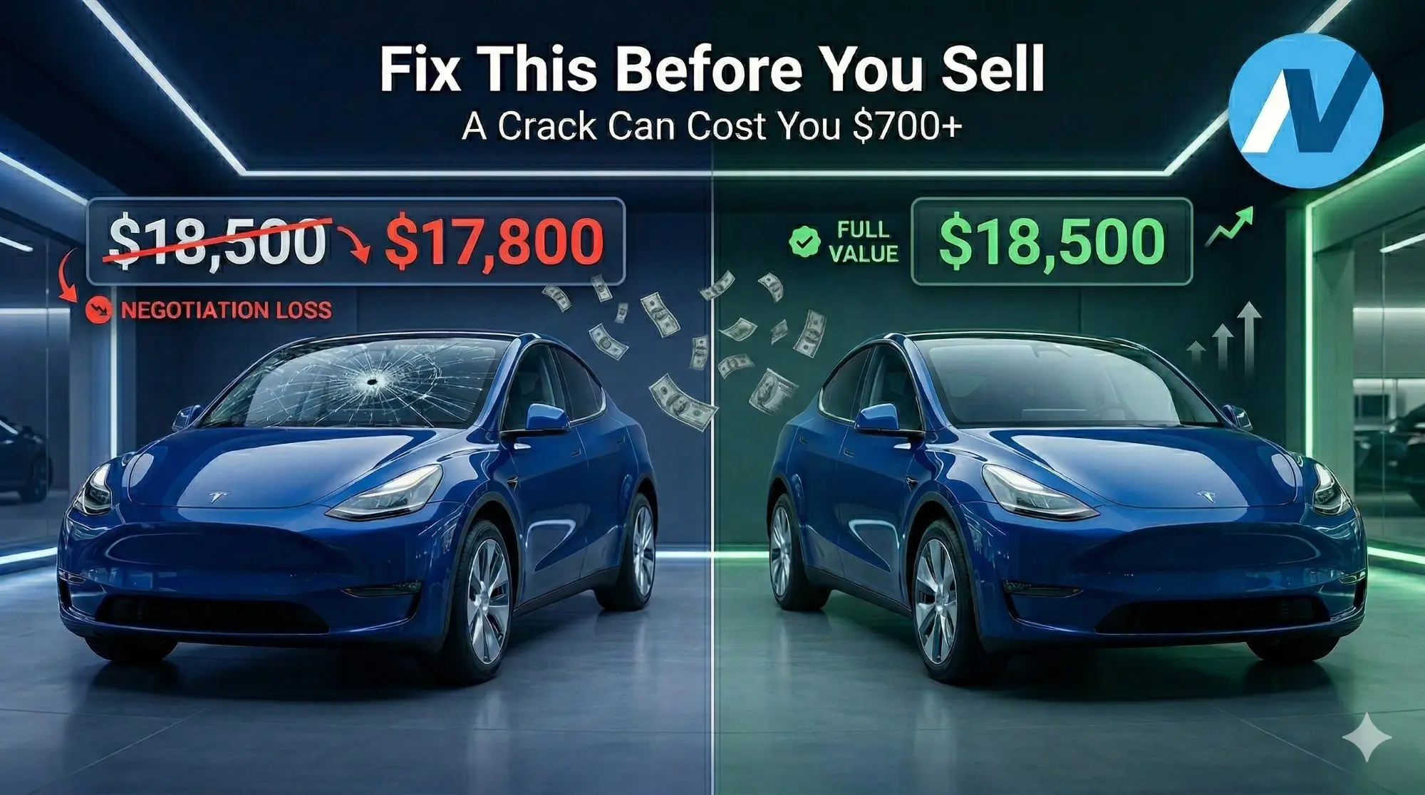 Cracked windshield reducing car resale value compared to windshield replacement