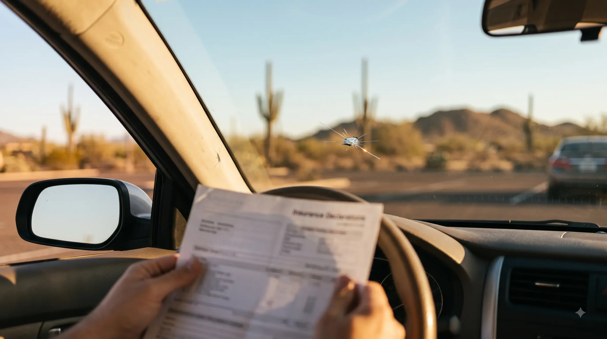 Arizona driver reviewing an auto insurance declarations page for windshield replacement glass coverage inside a parked car