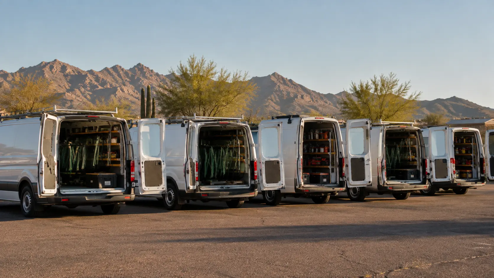 Row of auto glass service vans parked in a Phoenix lot representing windshield replacement options across the Valley