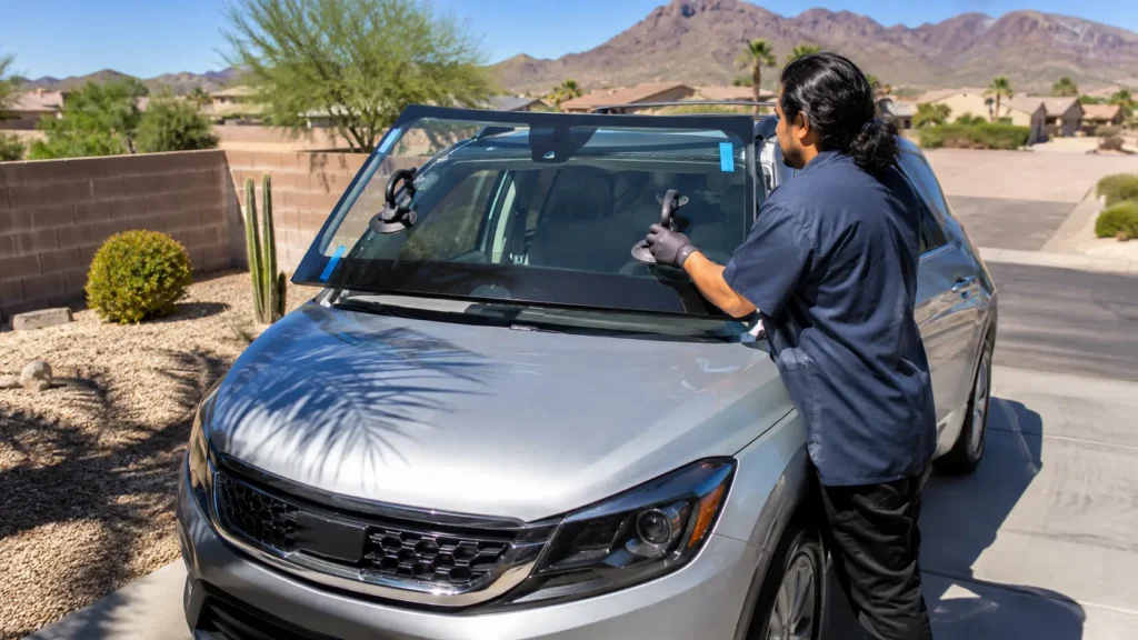 Mobile auto glass technician performing a windshield replacement